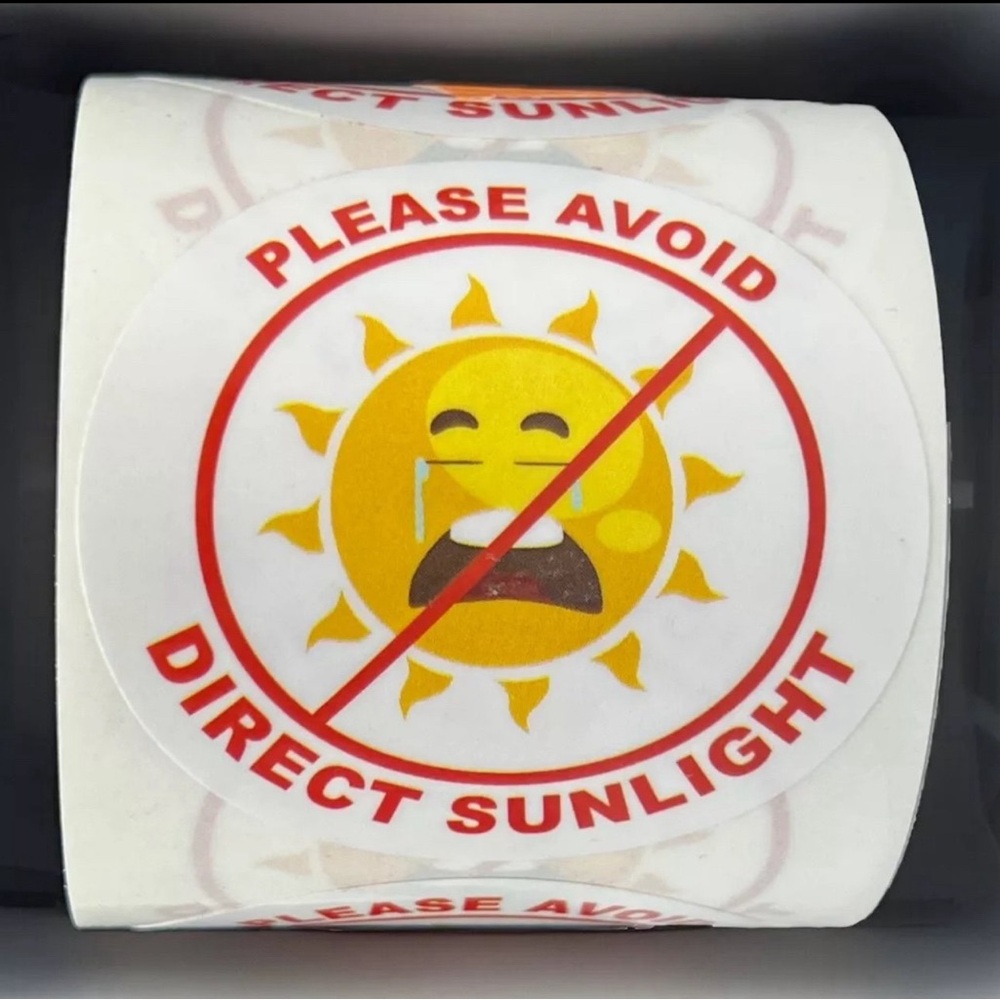 AVOID DIRECT SUNLIGHT 100-2” Circle Stickers on Roll Weatherproof Warning Labels